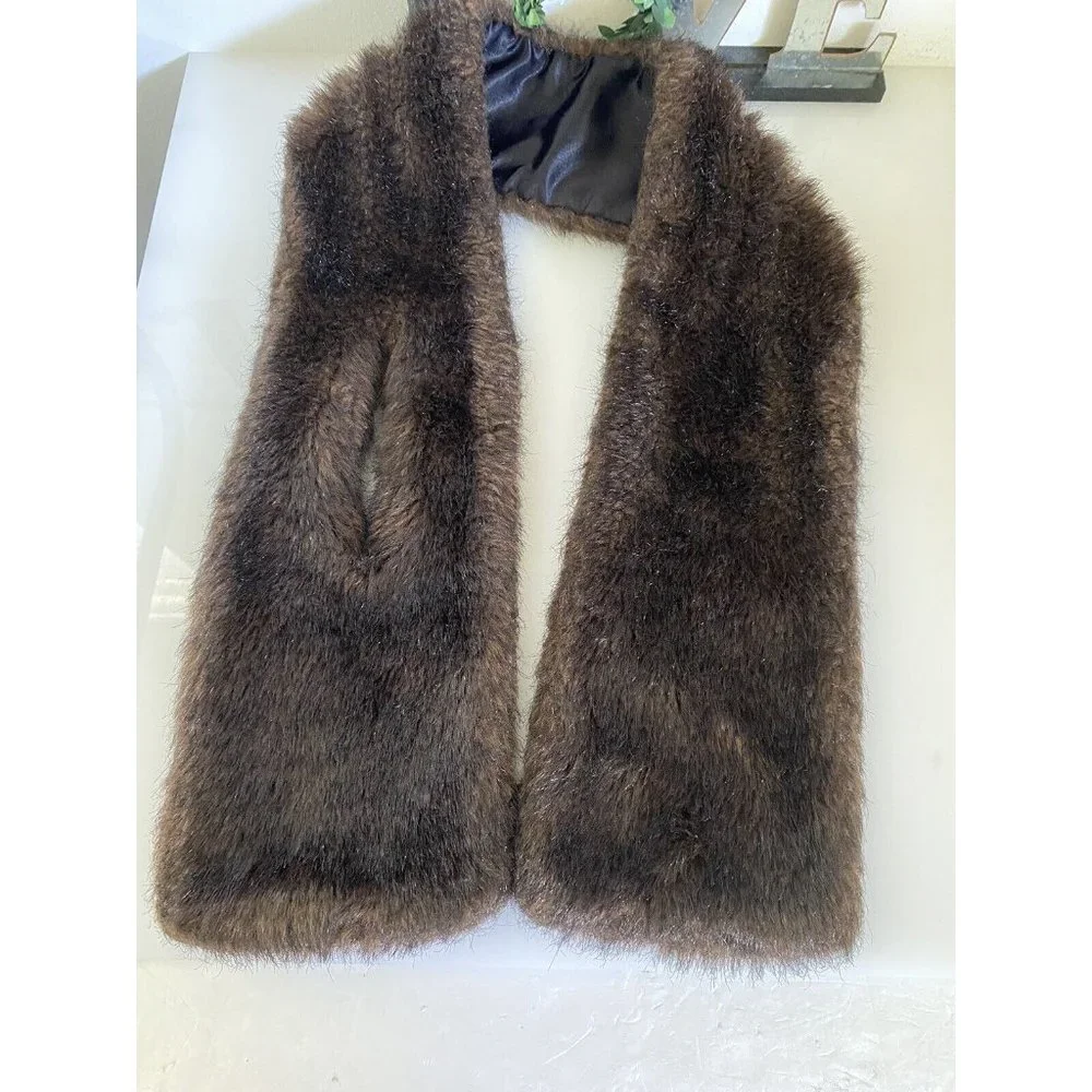 Vintage 60s Faux‎ Fur Shrug Wrap Cape Stole Brown Lined Stay Put 38